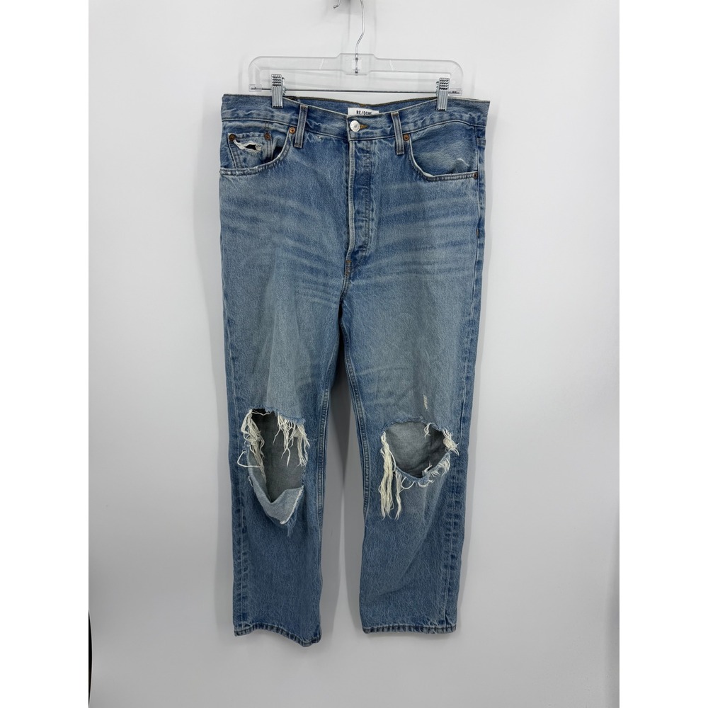 RE/DONE 90s Crop Low Slung Jeans Womens 30 Blue Distressed Ripped Straight Leg